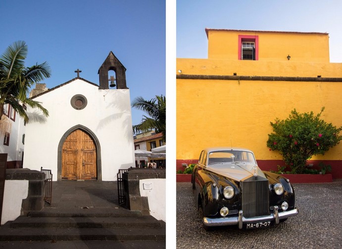 Белая церковь и старая машина на фоне желтого здания в старом городе Фуншала 1 Белая церковь и старая машина на фоне желтого здания в старом городе Фуншала